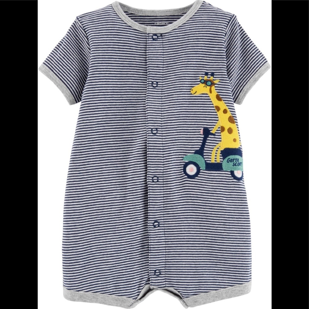 Baby Boy Stripe Giraffe SnapUp Romper 9M Navy/grey